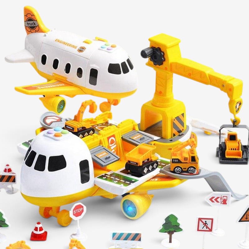 Playen – set de joacă cu avion, 6 vehicule de construcții miniaturale și 13 accesorii