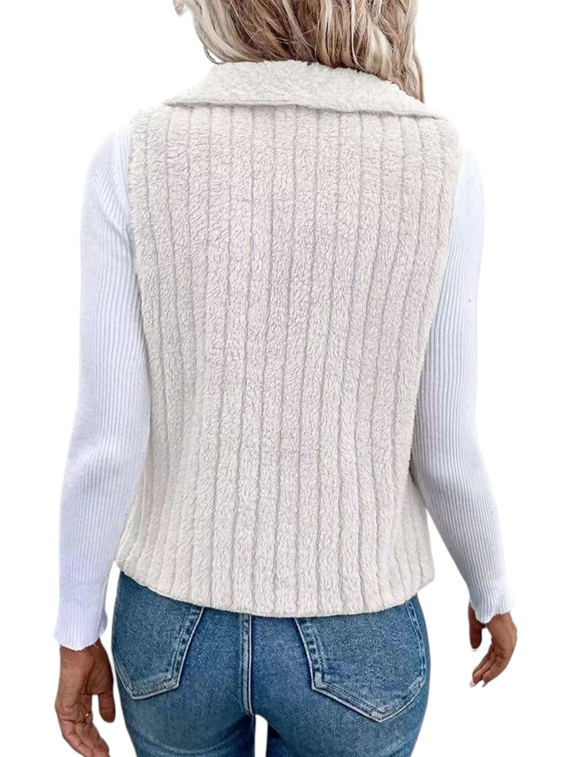 Mira – Stylish sleeveless teddy vest with draped collar and ribbed look