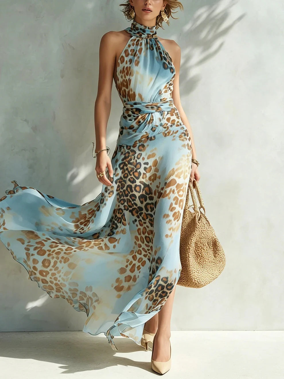 Elegant Halter Neck Leopard Print Dress