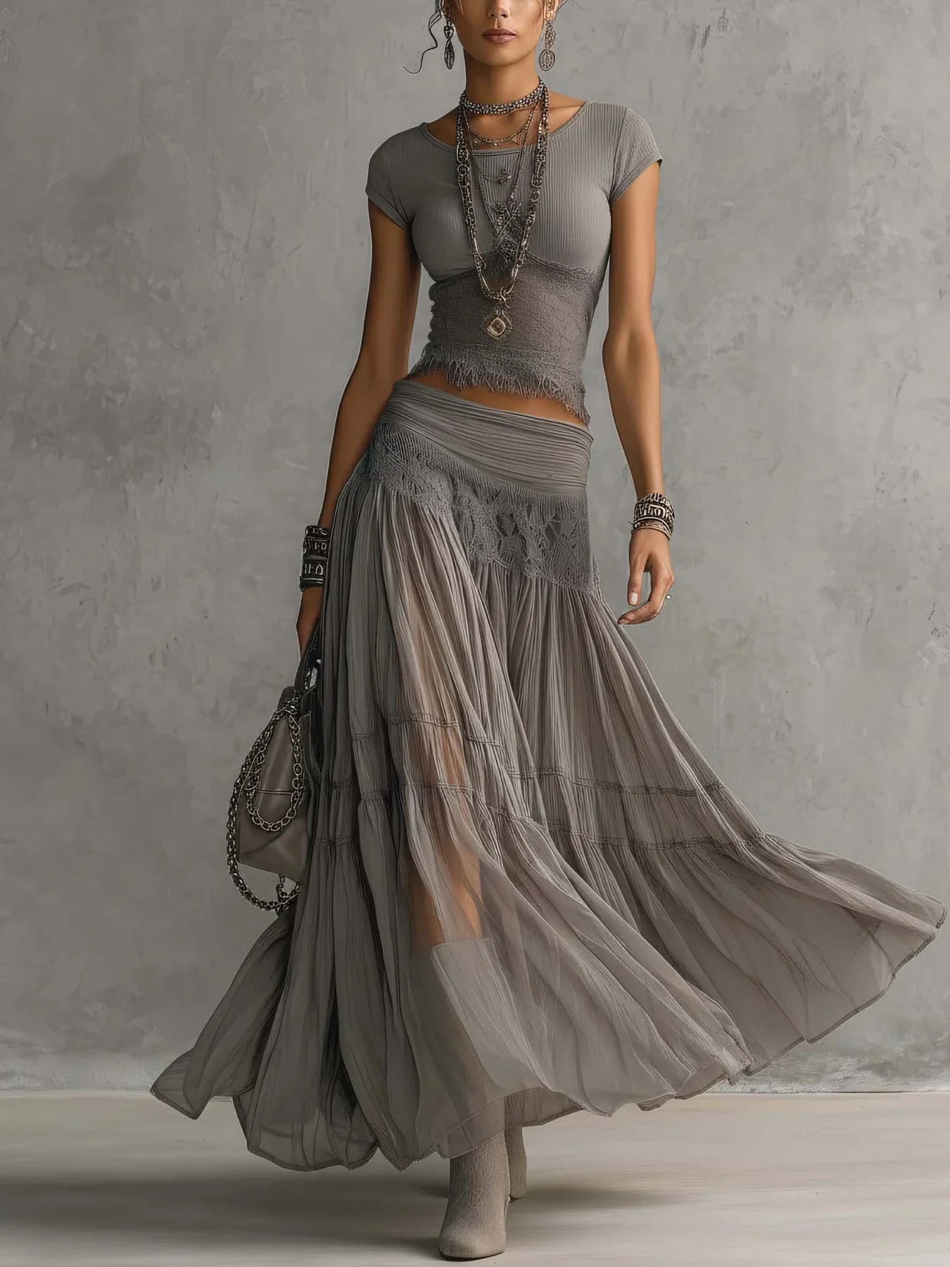 Womens Grey Two-Piece Top and Skirt Set