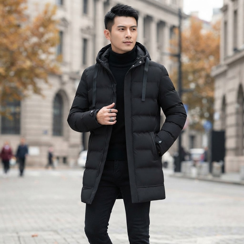 HoodFlex - Men's Mid-Length Hooded Puffer Coat With Zipper Pockets