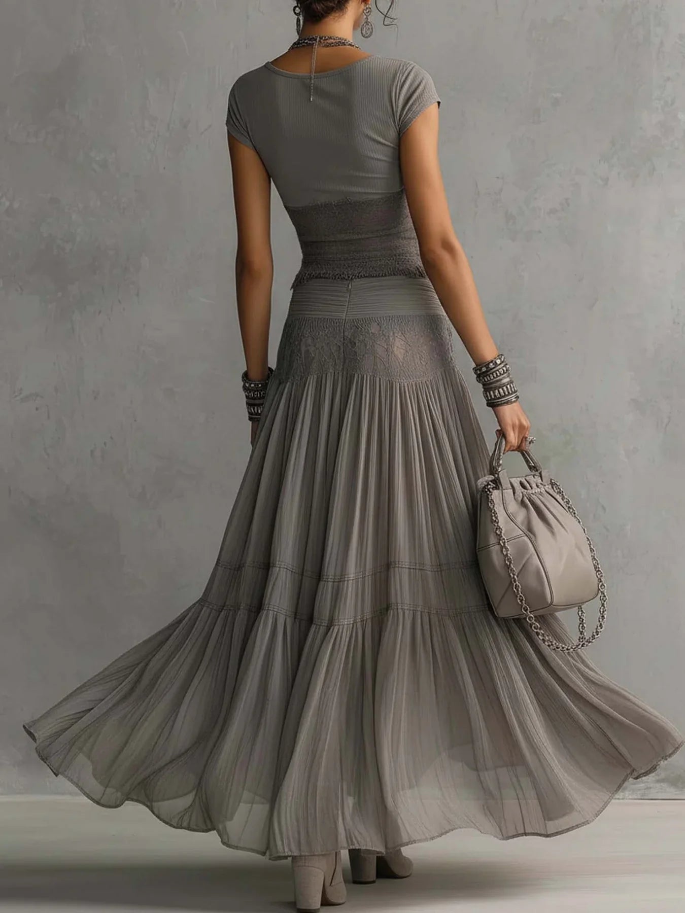 Womens Grey Two-Piece Top and Skirt Set