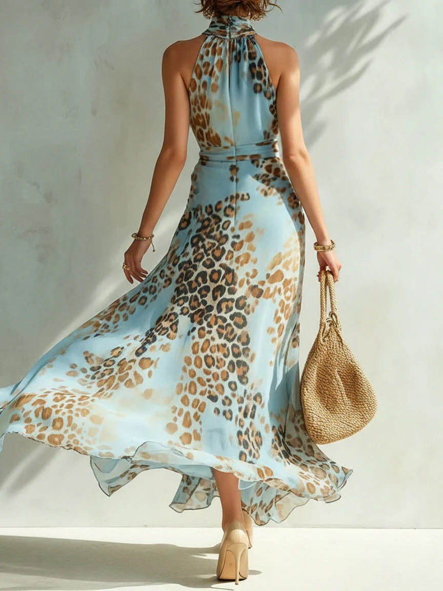 Elegant Halter Neck Leopard Print Dress