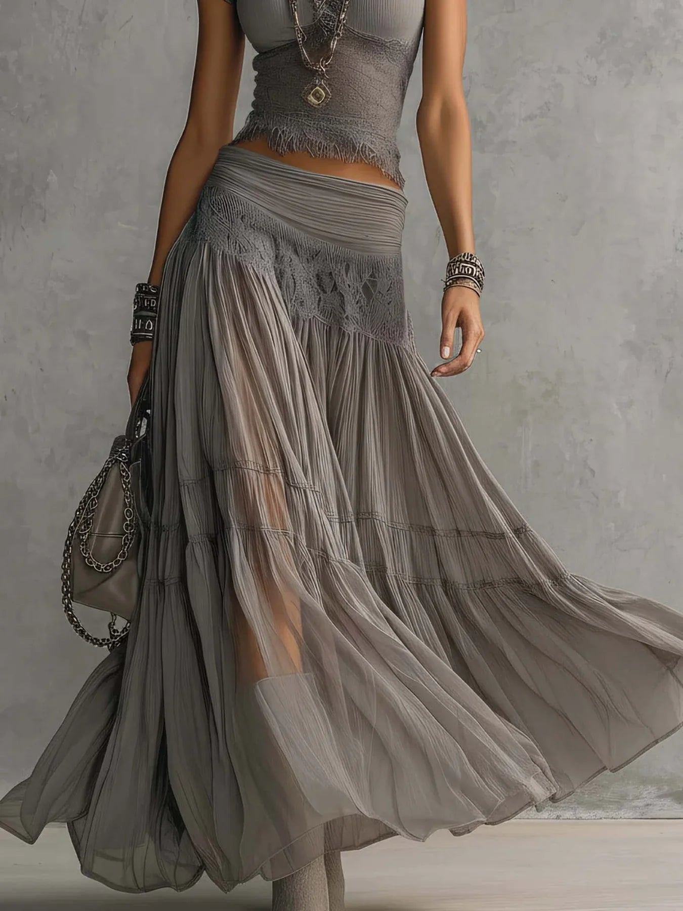 Womens Grey Two-Piece Top and Skirt Set