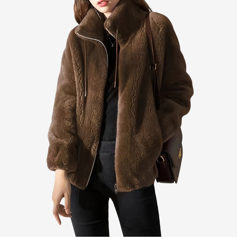 Giacca in pile da donna con collo alto e zip frontale