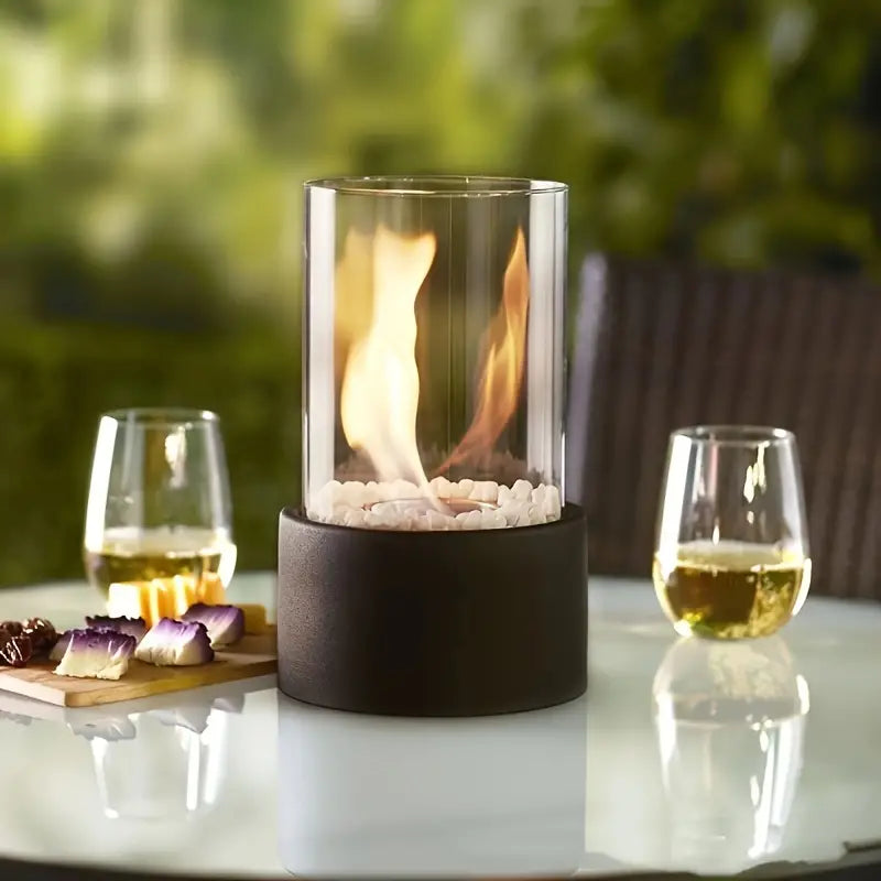 LumiFlame – Cheminée de table portable et épurée avec cylindre en verre pour une chaleur moderne