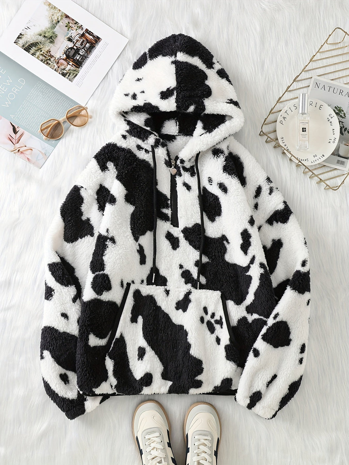 MooFleece - Camisola polar com capuz para mulher e estampado de vaca