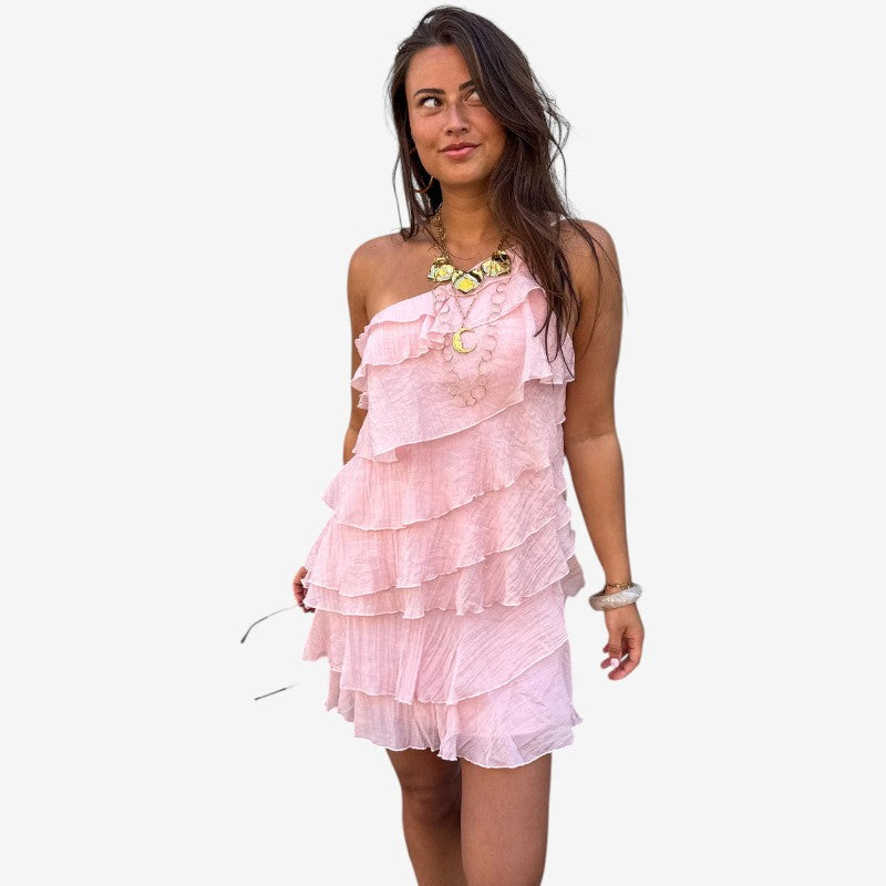 Women's One Shoulder Mini Dress with Ruffle Detail