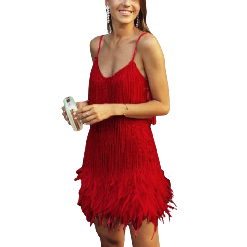 Anna – Rochie de cocktail albă elegantă cu franjuri și finisaj cu pene