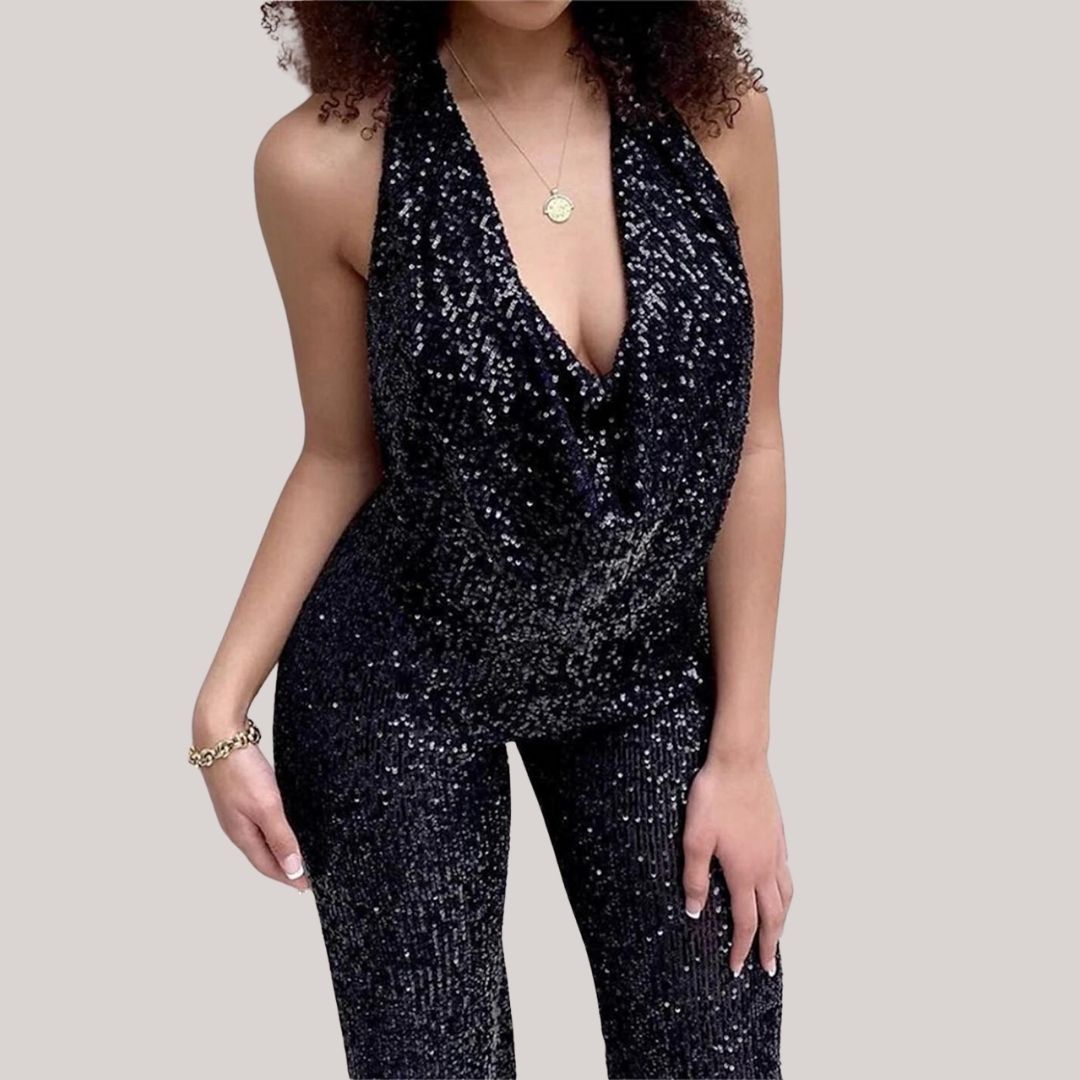 Maureen - Deep-cut glitter jumpsuit with plunging V-neck
