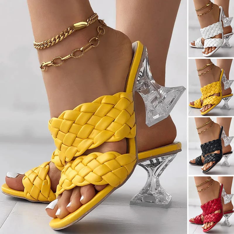 CrystalCozy - Sandały z Przezroczystymi Obcasami w Kształcie Piramidy