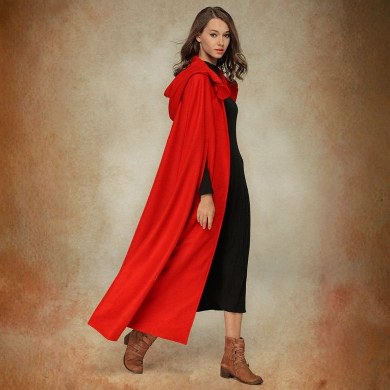 Lina - Cappotto poncho lungo con cappuccio asimmetrico