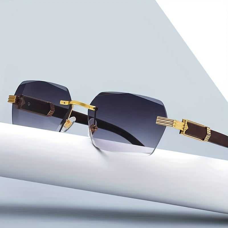 Daniel - Occhiali da sole rettangolari senza montatura con aste in legno sintetico alla moda
