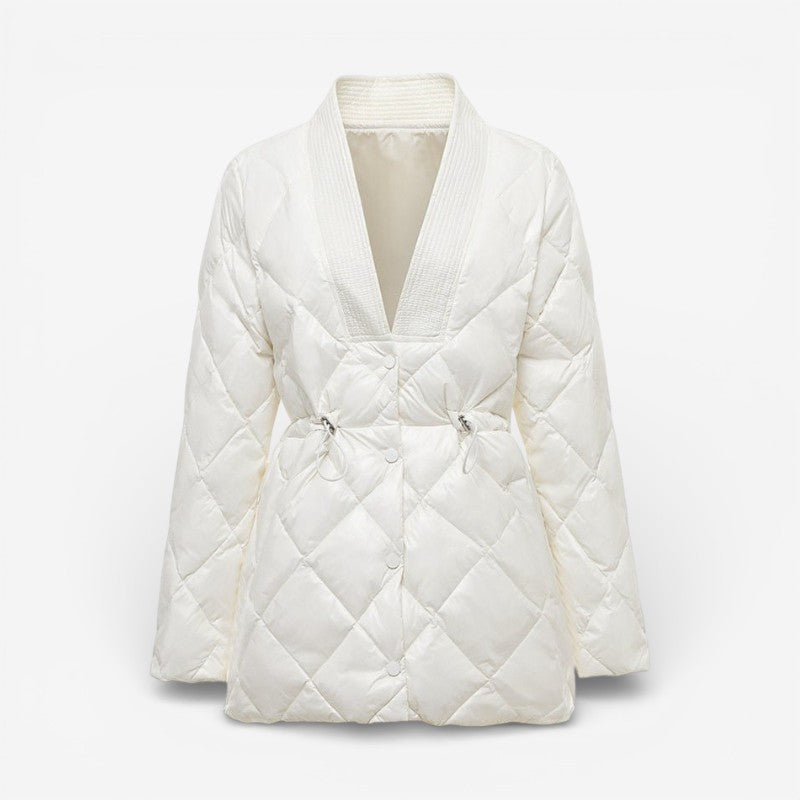 Inyaran – Long Sleeve Quilted Jacket with V Neck | Button Closure with Drawstring Waist | Side Pockets for Everyday Wear | Sizes S–3XL | White, Black, Khaki