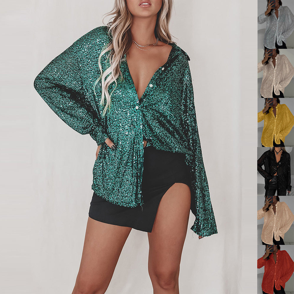 Luna - Bluza cu paiete, mâneci lungi și guler clasic