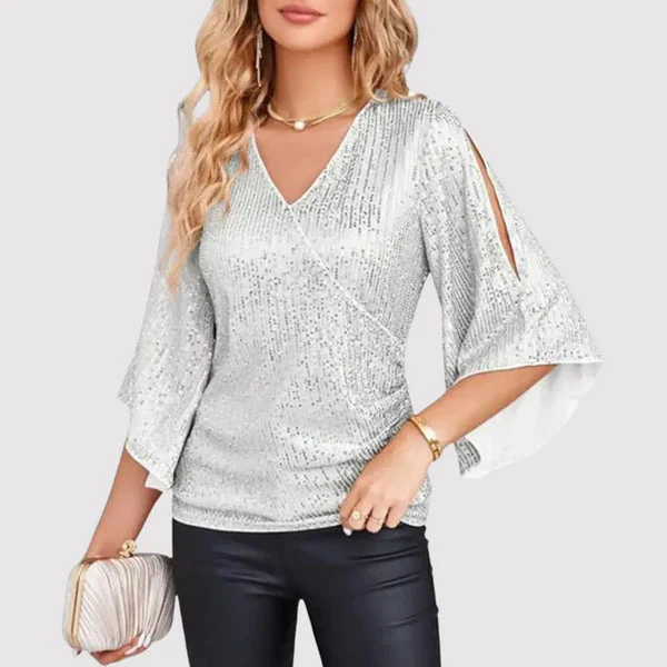 Hannah - Haut croisé élégant avec manches fendues fluides et coupe confortable