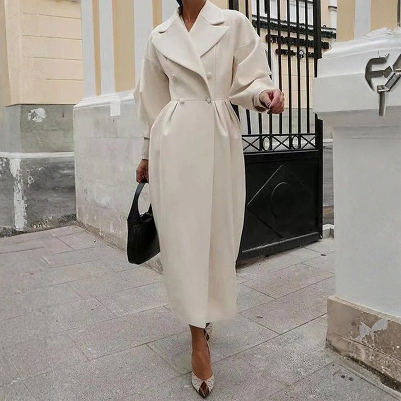 Elena - Long Sleeve Long Coat with Lapel Collar