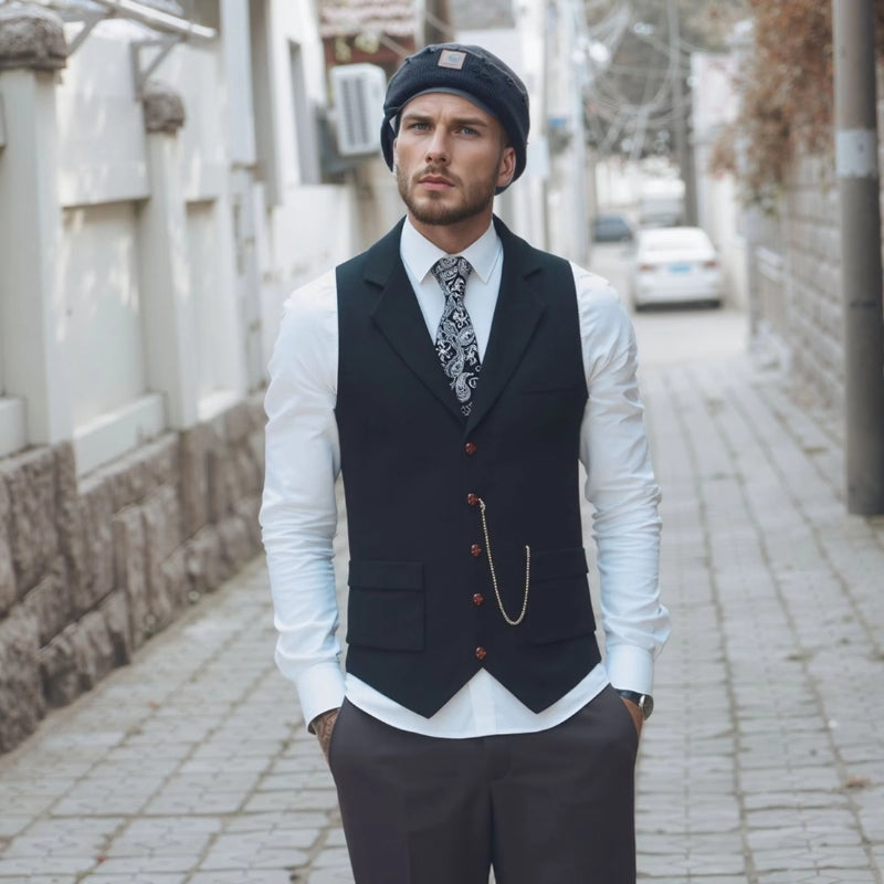 Men's Sleeveless Button-Front Layering Vest with Notched Collar
