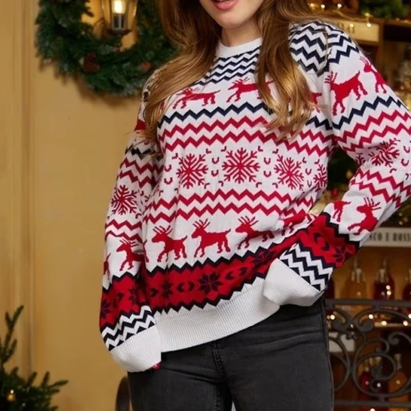 FestiveWear – Sweter na długi rękaw z okrągłym dekoltem i świątecznym nadrukiem