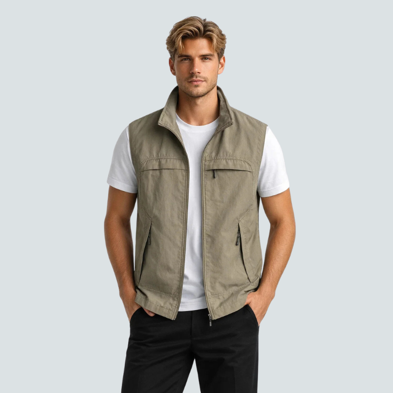 Men’s Utility Vest with Stand Collar and Zip Front