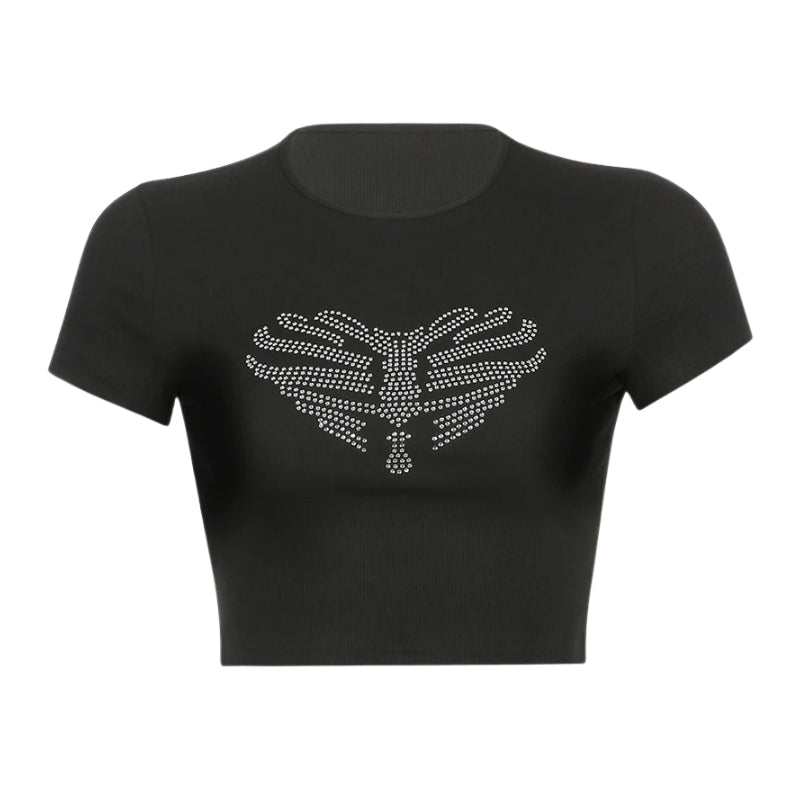 Riley - Crop top s motýlím potiskem a kulatým výstřihem