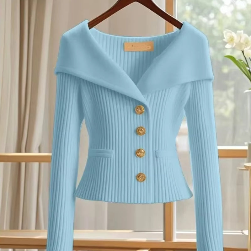 Women’s Off-Shoulder Button-Front Knit Sweater with Pockets