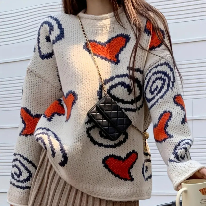 Amber – Pull oversize à manches longues col rond avec motif cœur