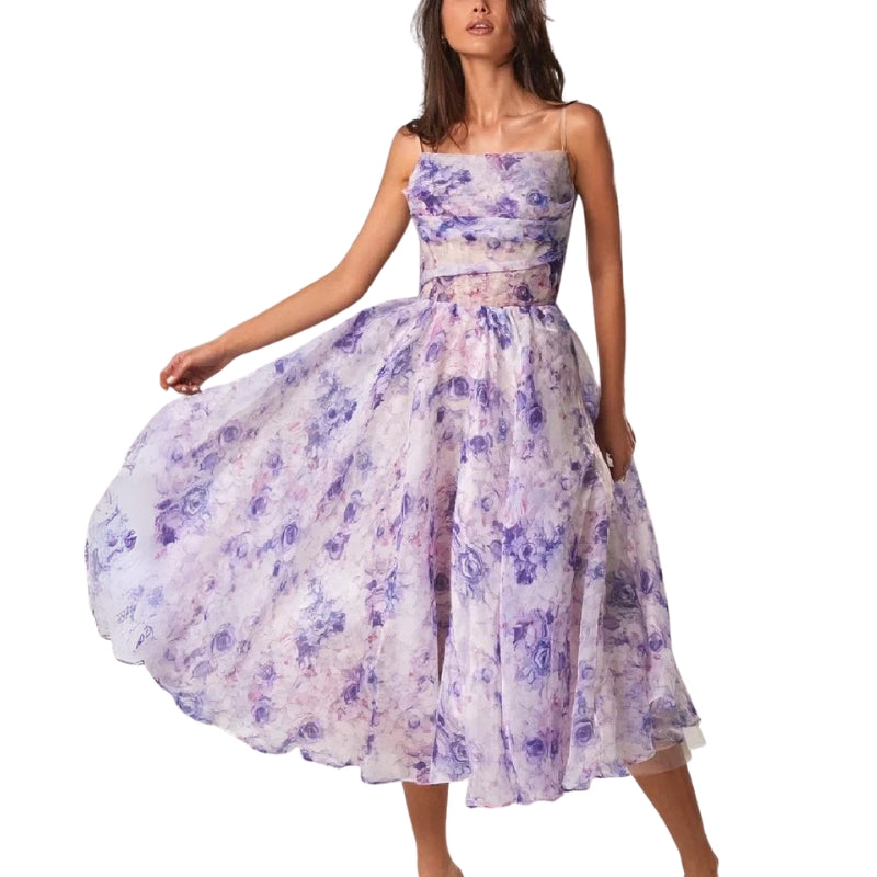 Luna - Rochie midi fără mâneci cu imprimeu floral și bretele spaghetti