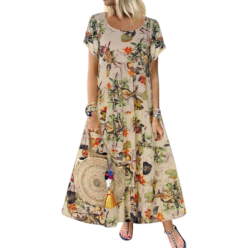 Daisy - Rochie maxi în formă de A cu imprimeu floral, guler rotund și buzunare