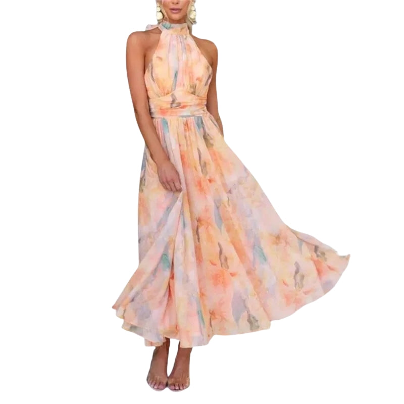 Nova – Rochie maxi imprimată cu guler halter și design cu spate decupat