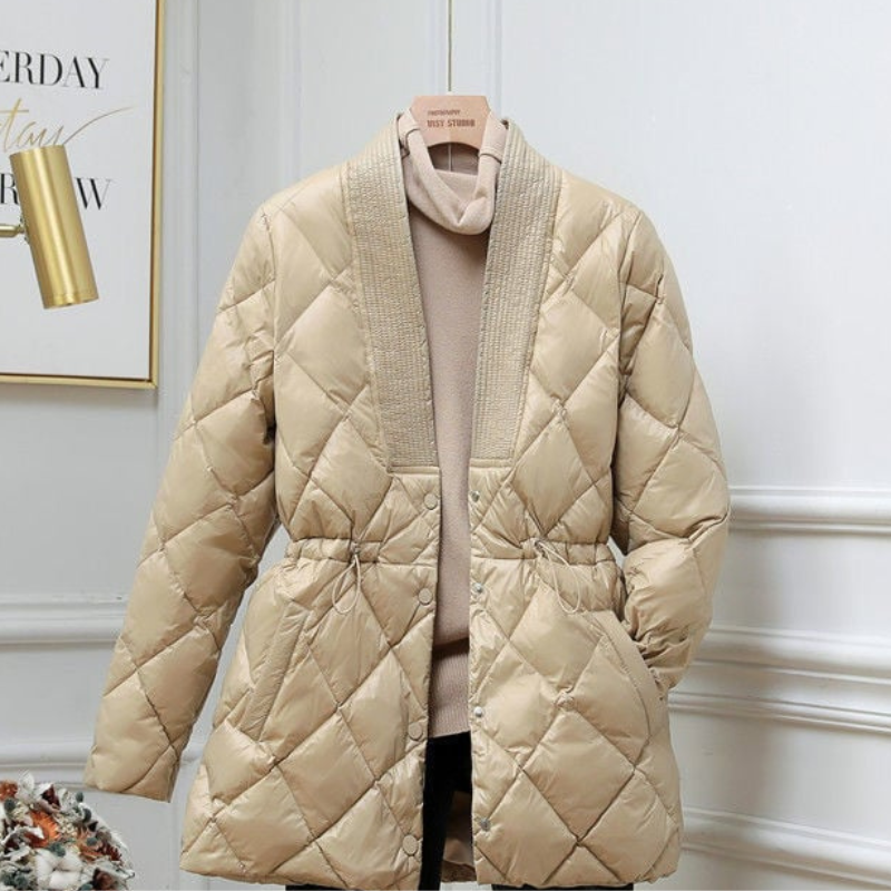 Inyaran – Long Sleeve Quilted Jacket with V Neck | Button Closure with Drawstring Waist | Side Pockets for Everyday Wear | Sizes S–3XL | White, Black, Khaki