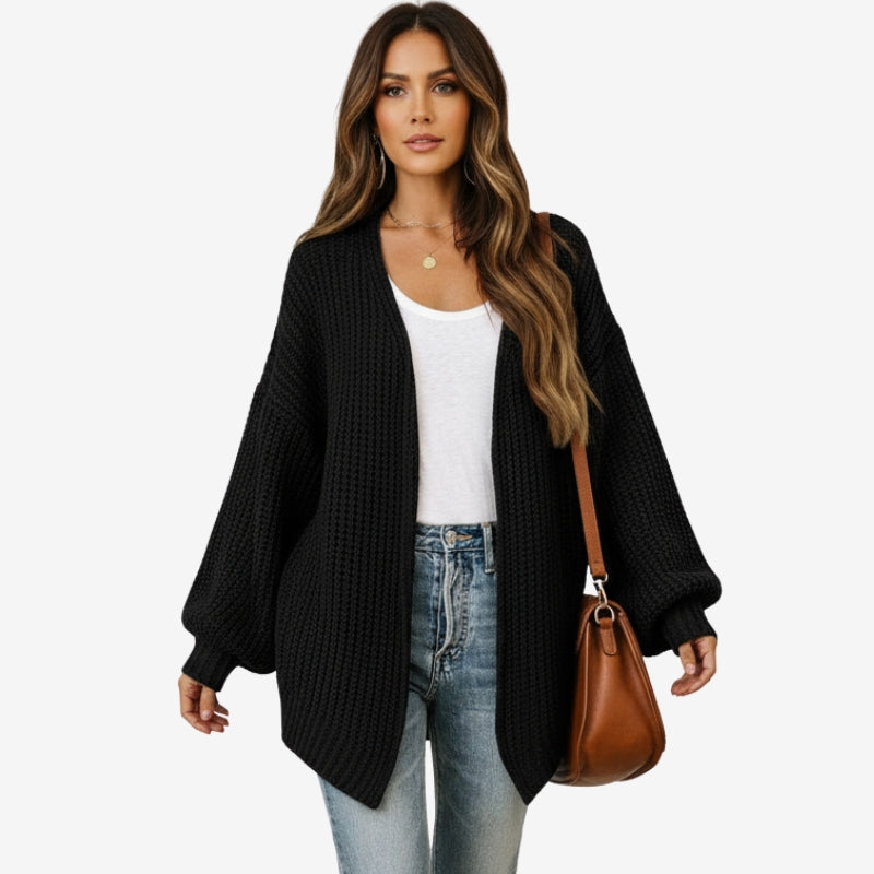 Haley – Long Sleeve Cardigan with Open Front and Ribbed Detail