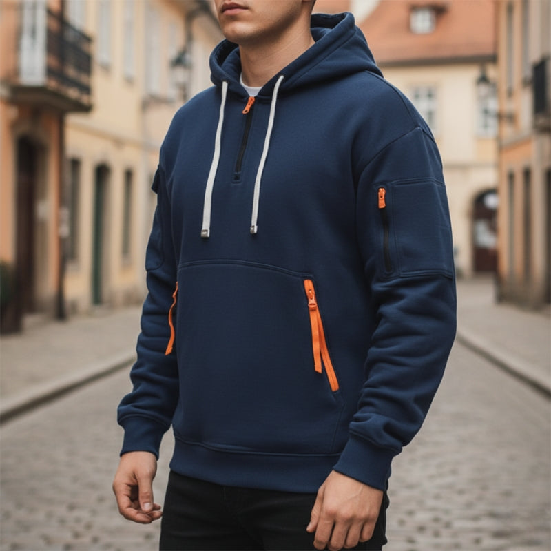 Cason - Long sleeve half zipper hoodie and side pockets