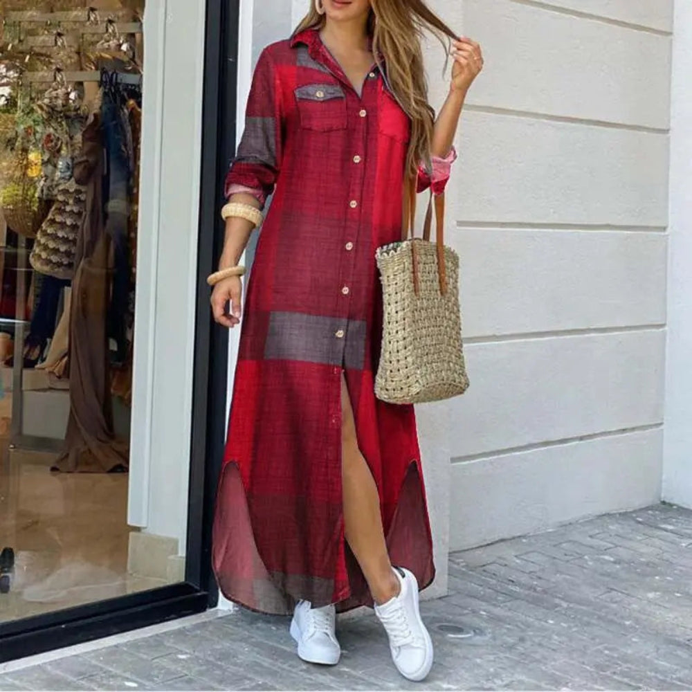 Maria – Robe chemise longue et stylée à manches longues avec fermeture boutonnée devant