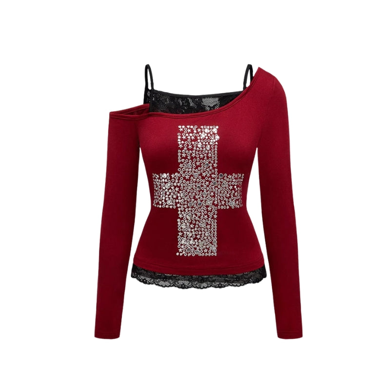Elena - Asymmetrical Top with Long Sleeves and Shiny Cross Design