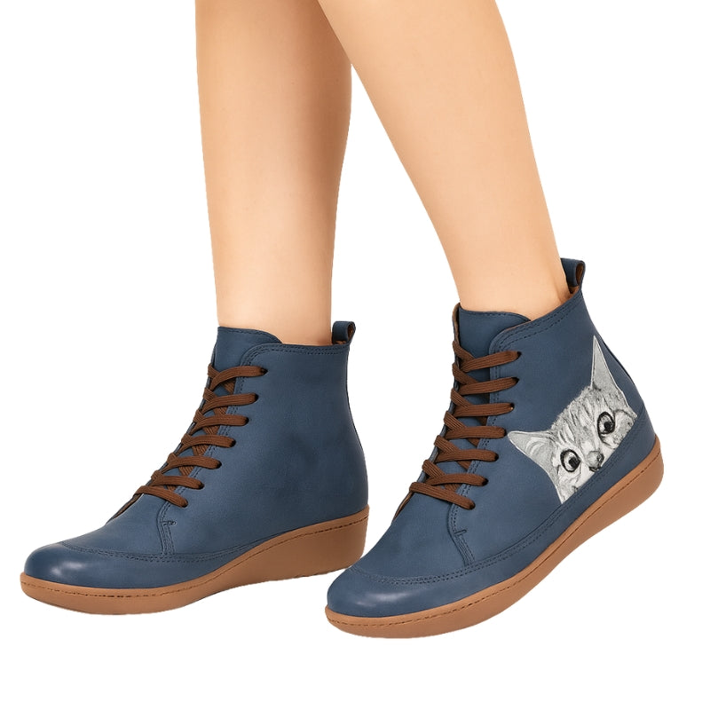 Selena – Ankle Boots with Round Toe and Cat Pattern