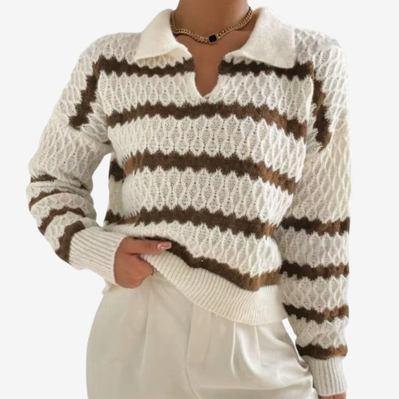 Amara – Sweater with Long Sleeves, Lapel Collar, and Striped Design