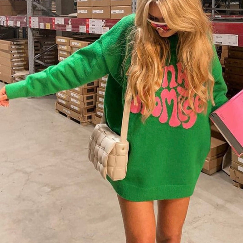 Beyonce - Robe pull mini à manches longues avec col rond et détails côtelés