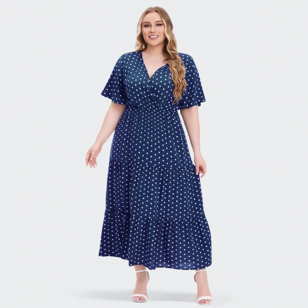 Ingrid - Plus size boho maxi šaty s puntíky a výstřihem do V