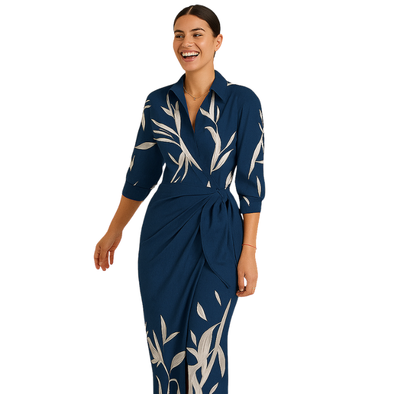Clara – Rochie midi imprimată cu guler cămașă și mâneci scurte