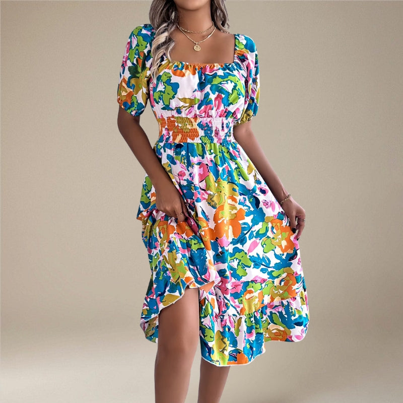 Abito midi donna con stampa floreale e spalle scoperte