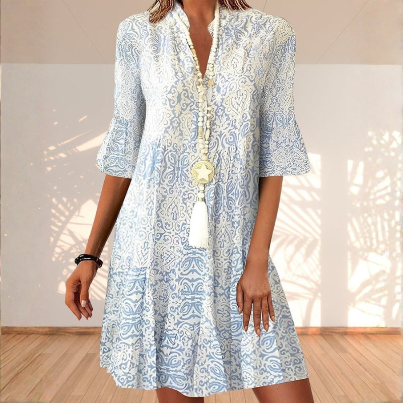 Robe courte femme à col en V avec motif imprimé