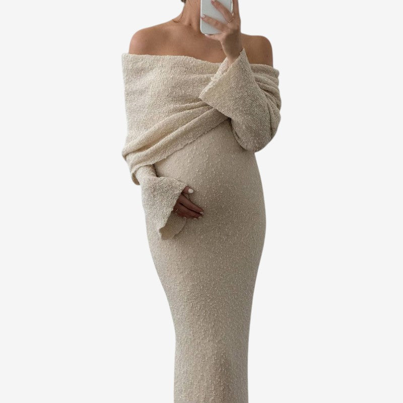 Women’s Maternity Maxi Dress with Off-Shoulder Neckline