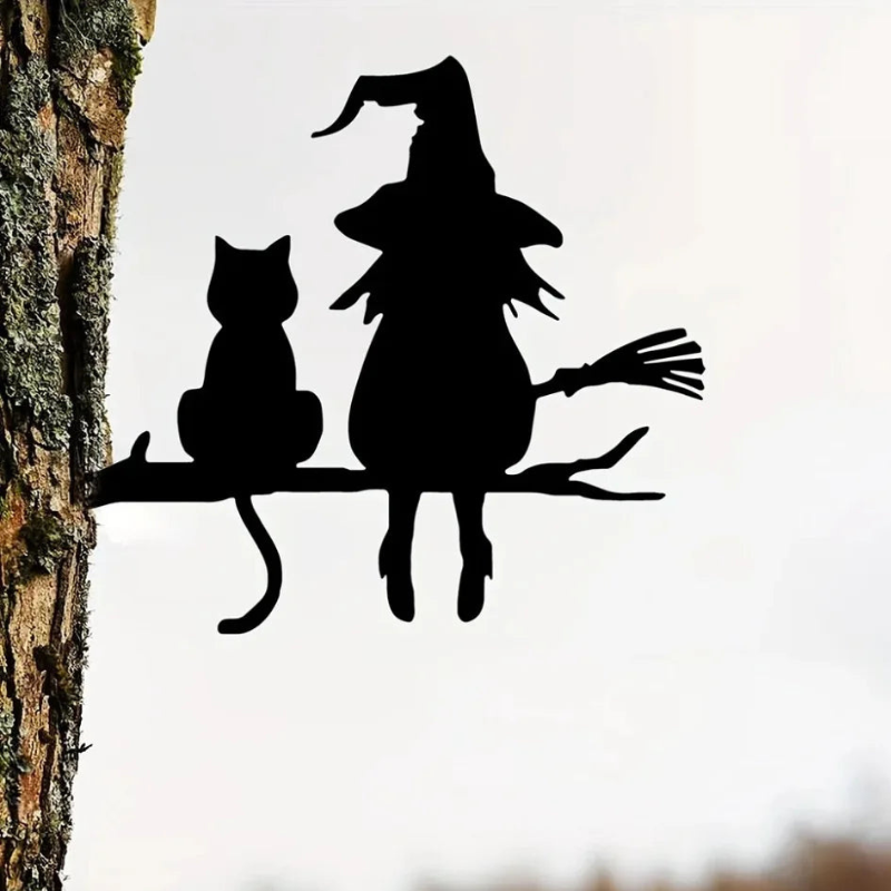 Decorazione con sagoma di strega e gatto per il giardino