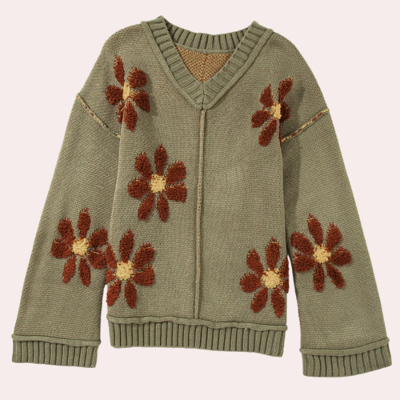 Myra - Maglione a manica lunga con scollo a V e ricamo floreale
