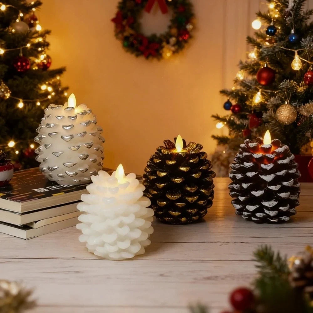 PineGlow - Lumânări decorative fără flacără, în formă de conuri de pin, cu efect de flacără LED