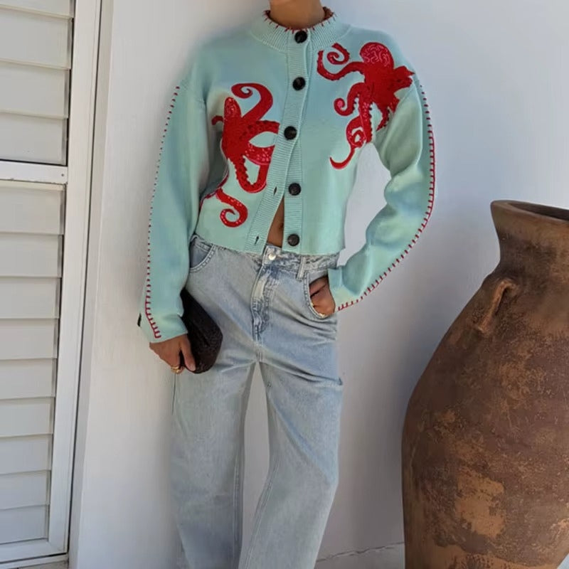 Lina - Long Sleeve Round Neck Cardigan with Button Closure