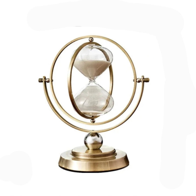 Timeloft – Artistieke ronde zandloper met atoomachtig montuur en vloeiend zanddesign