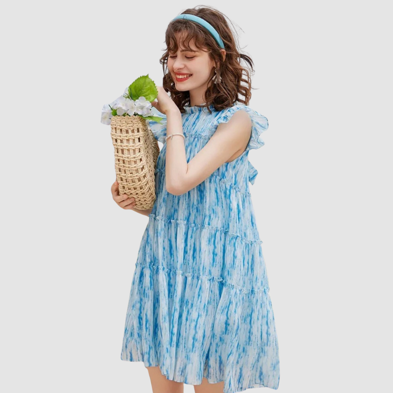 Sofia – Rozkloszowana sukienka tie-dye z marszczonymi rękawami