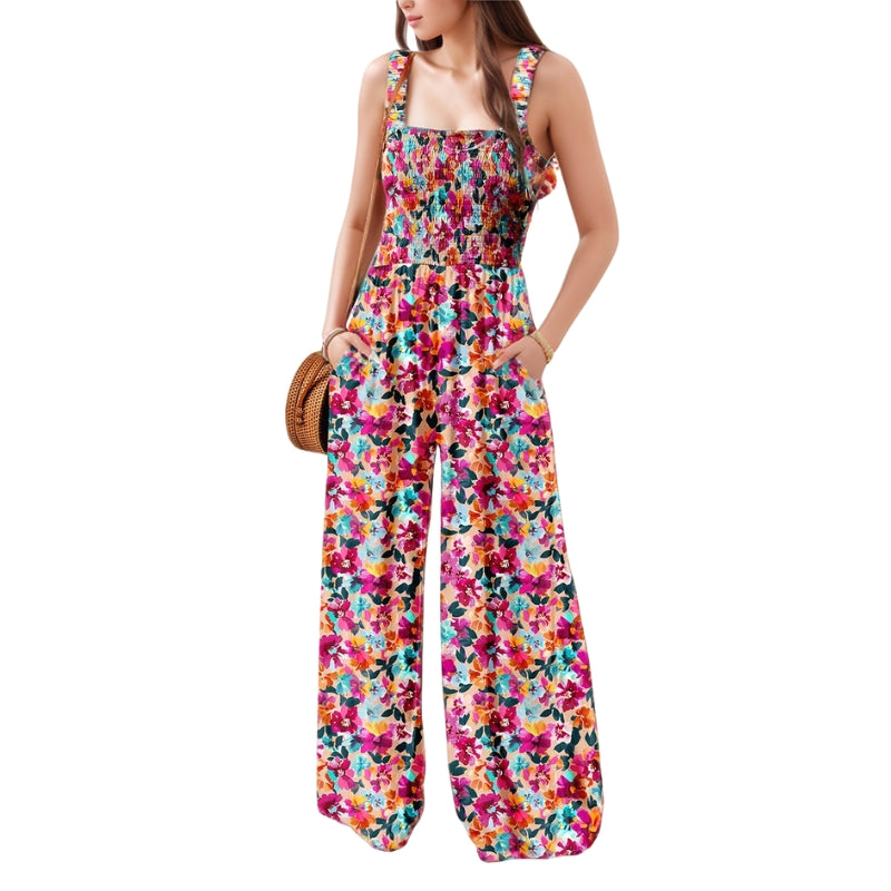 Lily – Modern jumpsuit with square neckline and floral print